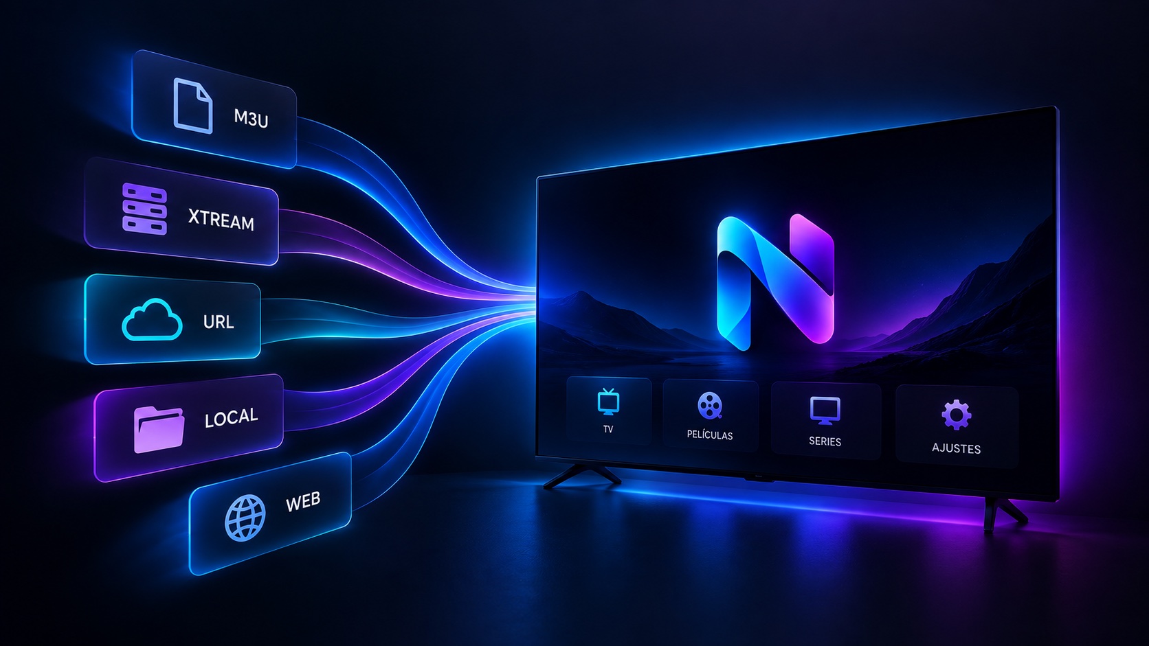 Fuentes M3U, Xtream, URL y local conectadas a Norylo